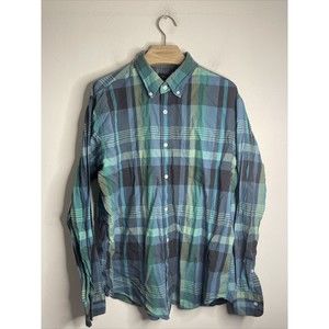 J Crew Shirt Men Large Blue Plaid Button Long Sleeve Lightweight Plaid